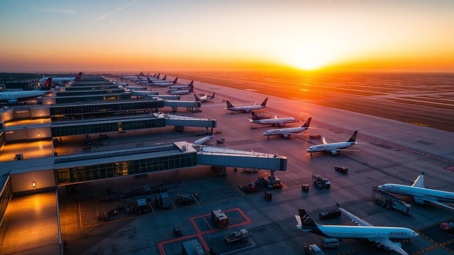 Aerial view of an international airport at sunset